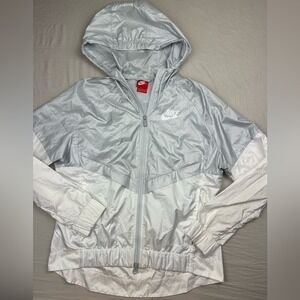 Nike womens Silver and White Windbreaker Jacket hooded zip size medium